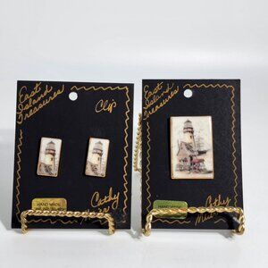 Cathy Meier Lighthouse Porcelain Jewelry Brooch Clip Earrings Set VTG